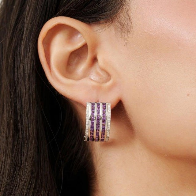 Amethyst Multi-Line Bar Earrings With Zircon Accents in 925 Silver, A Pair For Sale - Image 6 of 9