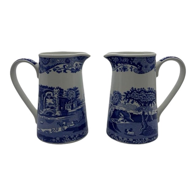 Vintage Mid-Century Modern Spode Blue Italian 8 Oz Windsor Jugs - Set of 2 For Sale