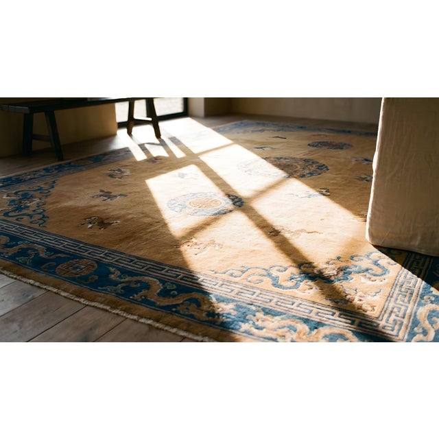 Textile Spectacular Tan and Blue Color With Dragon Design Antique Chinese Rug For Sale - Image 7 of 8