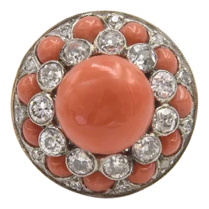 Late 20th Century Art Deco Style Coral Diamond 18k Cocktail Ring