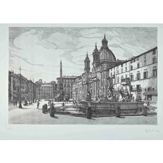 Giuseppe Malandrino, View of Piazza Navona, Original Etching, 1970 For Sale