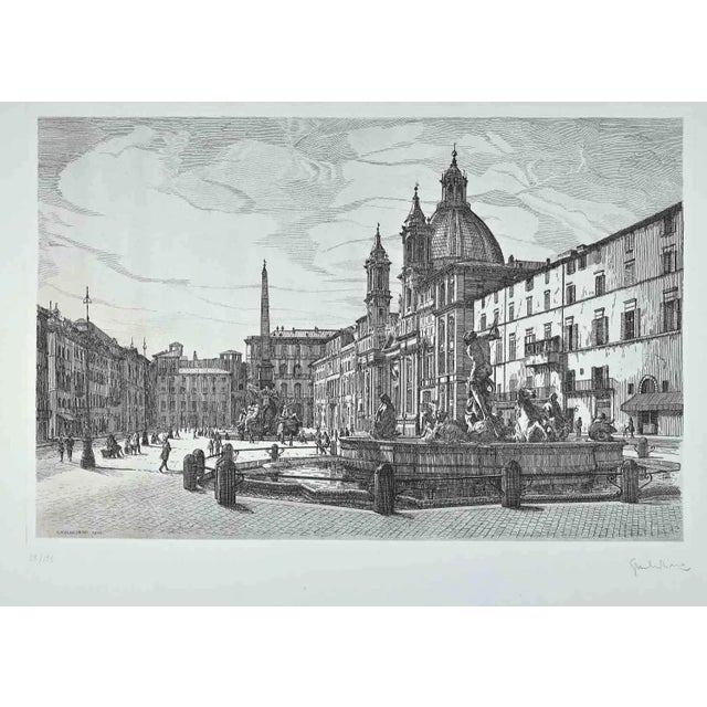 Giuseppe Malandrino, View of Piazza Navona, Original Etching, 1970 For Sale