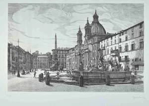 Giuseppe Malandrino, View of Piazza Navona, Original Etching, 1970