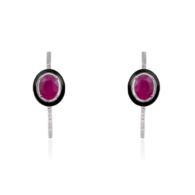 Art Deco 14k White Gold 3.19ct Ruby, Diamond & Black Enamel Hoop Earrings- A Pair For Sale - Image 4 of 16