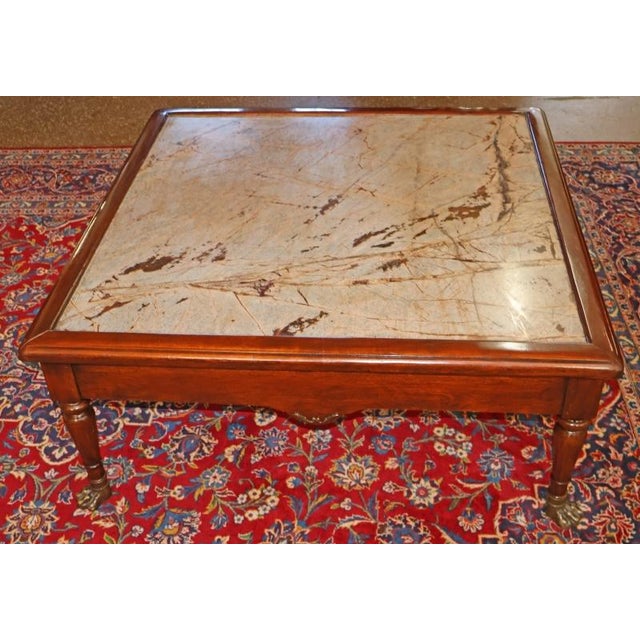 Mahogany Inset Marble Regency Coffee Table Attributed To Theodore Alexander Dimensions : 42" Wide X 42" Deep X 18" Tall A...