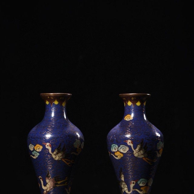 Pair of Vintage Chinese Blue Cloisonné "Crane & Clouds" Vases - 1365g For Sale In Los Angeles - Image 6 of 9