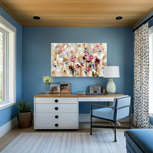 Los Angeles artist Amber Goldhammer paints floral abstract compositions in acrylic and mixed media on canvas featuring...