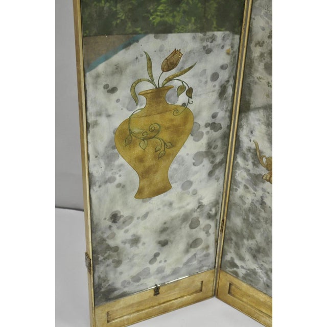 Antique Chinoiserie Oriental Eglomise Antiqued Mirror Glass 3 Panel Room Screen For Sale - Image 10 of 18