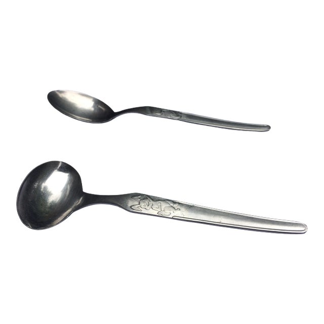 Mid-Century Modern Stainless Steel Baby / Infant Feeding Spoons - Set of Two For Sale