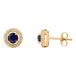 Classic Round Sapphire Earring Set With Halo Diamonds- A Pair For Sale