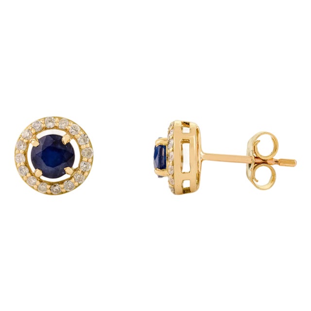 Classic Round Sapphire Earring Set With Halo Diamonds- A Pair For Sale
