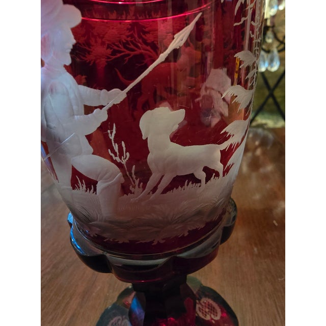 1900 - 1909 Antique Moser Bohemian Glass Ruby Hunter Pokal Goblet For Sale - Image 5 of 13