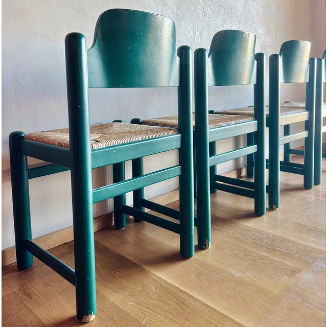 1970s Mid Century Green Padova Chairs With Striated Woven Rush Seats Attributed to Hank Lowenstein For Sale - Image 9 of 15