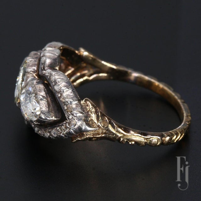 Antique 14k White & Yellow Gold Three Stone Diamond Ring - Size 5.75 For Sale - Image 4 of 6