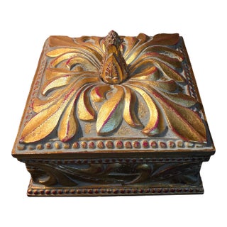 Vintage Gilded Resin Decorative Trinket Box With Lid, Ornate Carvings For Sale