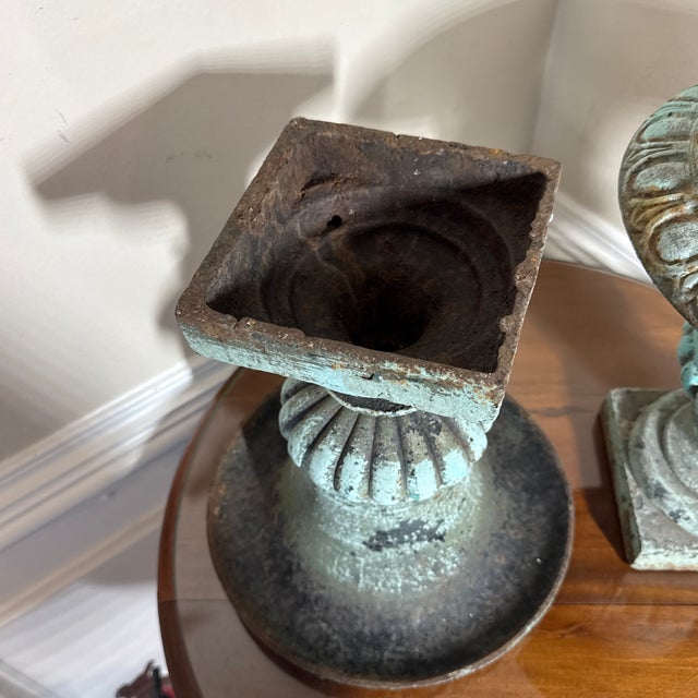 Vintage Pair French Country Cast Iron Verdigris Green Garden Urns Planters For Sale In Atlanta - Image 6 of 8