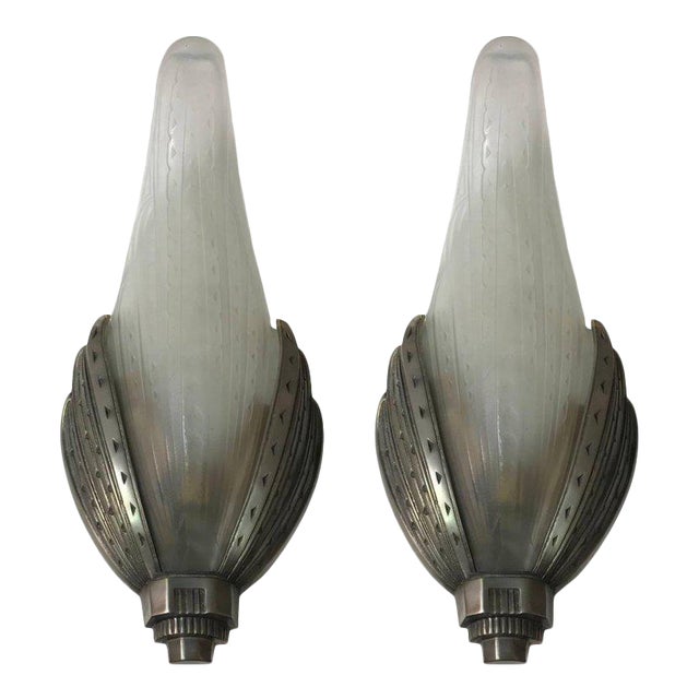 French Art Deco Geometric Sconces Signed by Verrerie Des Hanots - a Pair For Sale