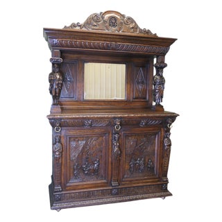 Oak Dresser with Green Man Carvings and Mirror Back, 19th Century For Sale