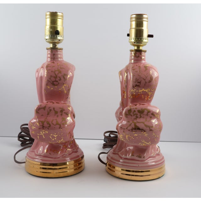 Vintage Pink Ceramic Bow Lamps With Gold Accents Hollywood Regency, 12 In - a Pair For Sale - Image 4 of 10