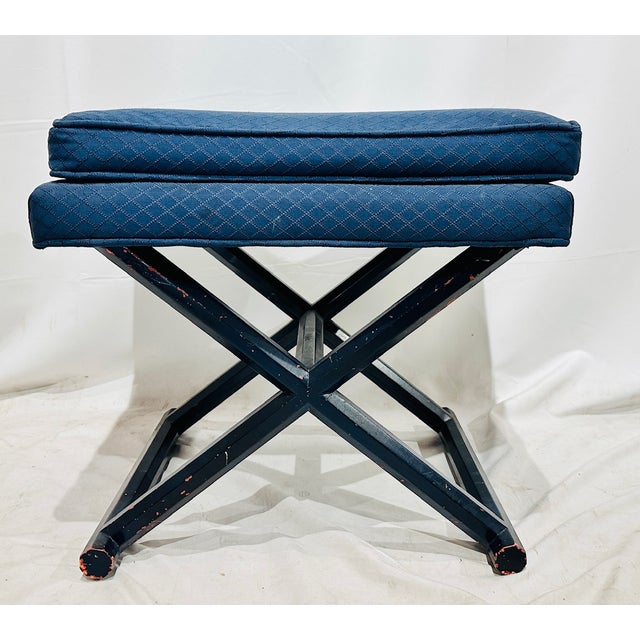 Mid Century Era X / Cross Bench Ottoman Stool, fully upholstered in its original vintage navy upholstery with original...