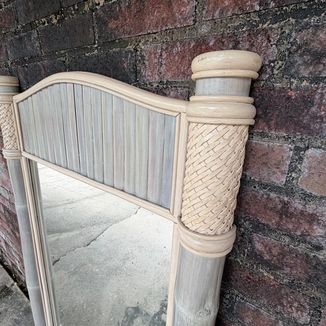 1970s Monumental Palm Beach Estate Grayish-Blue & Cream Bamboo Wall Mirror For Sale - Image 11 of 14