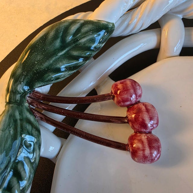 Large 12" Vintage Portuguese Hand-Woven Ceramic Centerpiece Basket With Cherries For Sale - Image 6 of 10