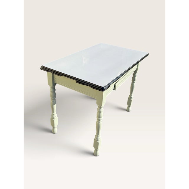 Vintage Porcelain Enamel Kitchen Table Pull Out Leaves Sage Green 40-62" For Sale - Image 9 of 10
