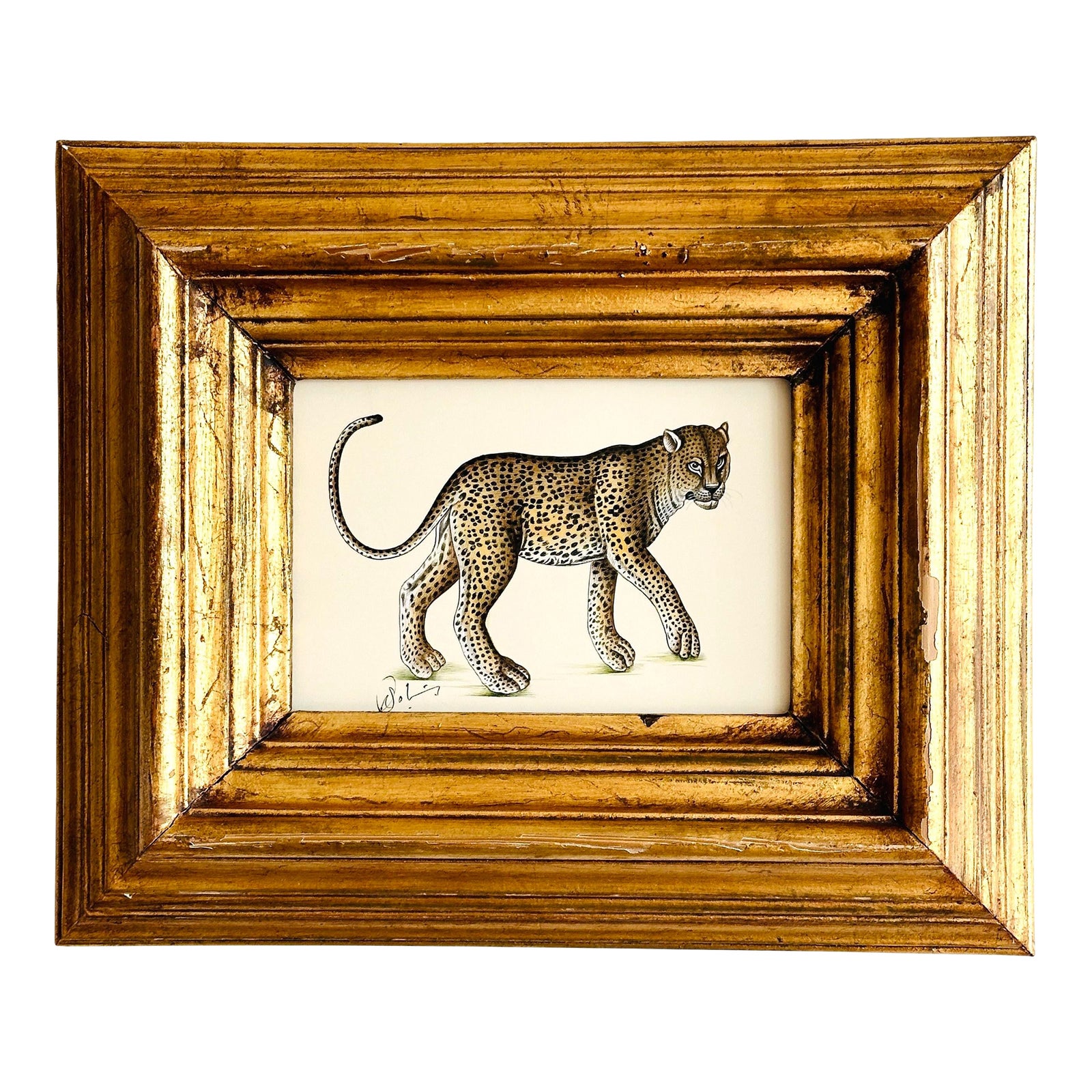 Original Hand-Painted Leopard Painting in a Vintage Gilt Frame | Chairish