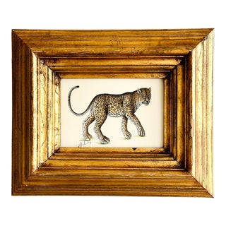 Original Hand-Painted Leopard Painting in a Vintage Gilt Frame For Sale