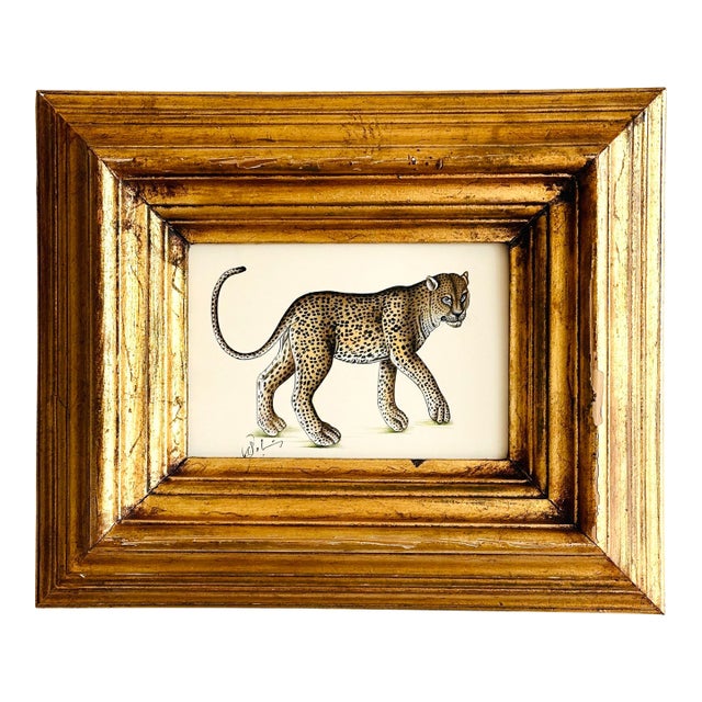 Original Hand-Painted Leopard Painting in a Vintage Gilt Frame For Sale
