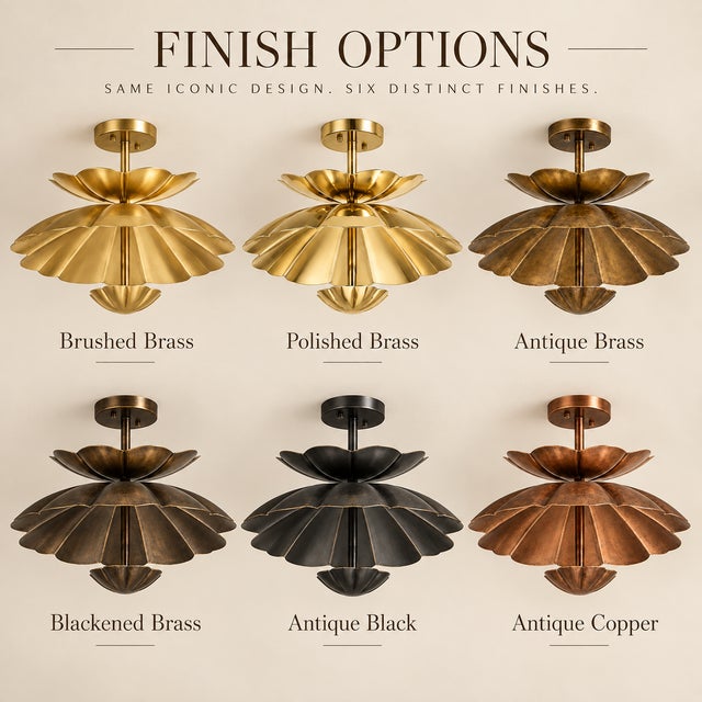 Art Deco Handmade Brass Lotus Ceiling Light, Antique Brass Scalloped Semi Flush Mount, Floral Ceiling Fixture for Bedroom, Hallway & Living Room For Sale - Image 3 of 13