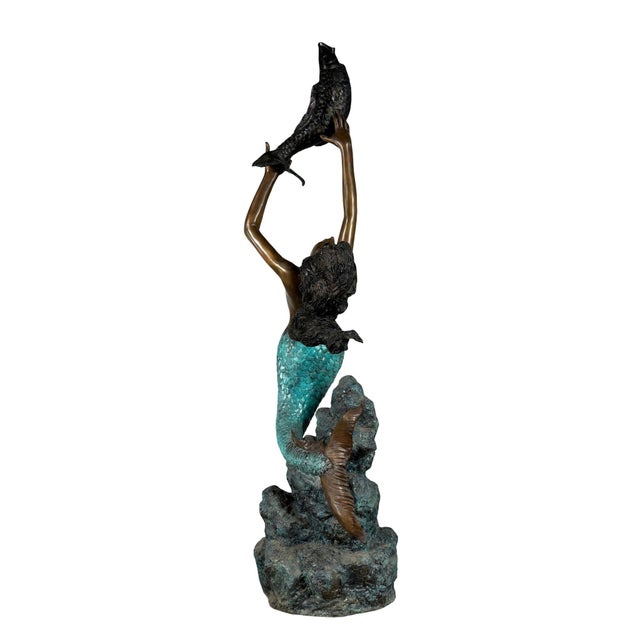 Metal Large Bronze Mermaid and Fish Fountain Sculpture - 62"h For Sale - Image 7 of 9