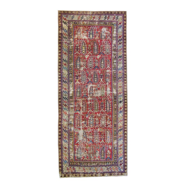 1900s Antique Red Distressed Geometric Handwoven Runner - 4’2.5” X 10’ For Sale - Image 11 of 11