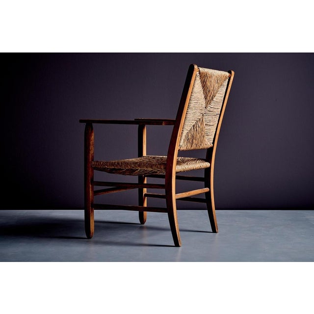 Rustic Oak Lounge Chairs with Hand-Woven Rush Seats, France, 1940s, Set of 2 For Sale - Image 10 of 15
