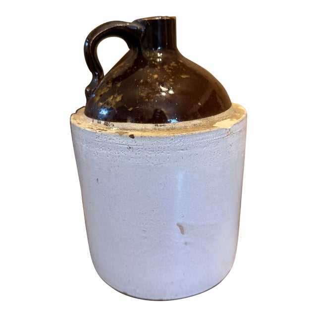 Antique Ceramic Whiskey Moonshine Jug Crock Stoneware Two-Tone Brown For Sale