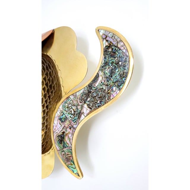 Emilia Castillo Bowl Brass Copper & Abalone Shell Fish Wall Sculpture 1960s Signed For Sale - Image 4 of 11