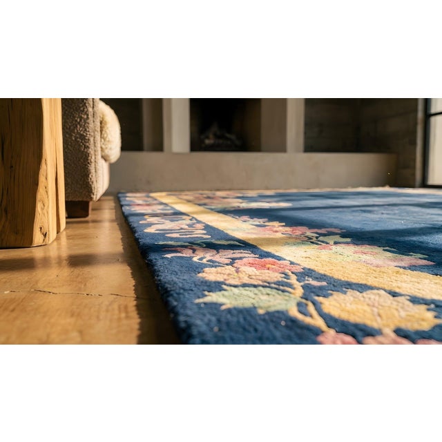 Navy Blue Pretty Navy Background Color With Flowers Border in a Chinoiserie Pattern Antique Chinese Art Deco Rug For Sale - Image 8 of 8