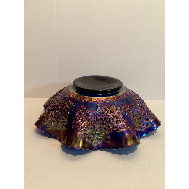 Fenton Cobalt Blue Marigold Carnival Glass Cherry Chain Scalloped Bowl For Sale - Image 10 of 11