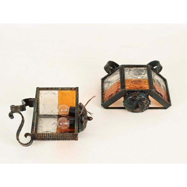 Brutalist Wrought Iron and Amber Glass Sconces from Longobard, Italy, 1970, Set of 2 For Sale - Image 15 of 16