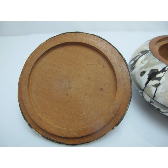 Wood Inlaid Mother of Pearl Black & White Shell Round Lidded Trinket Box For Sale - Image 10 of 10