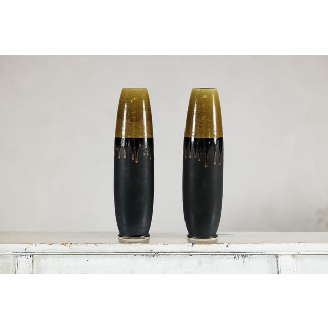 Artisan Slim Ochre and Black Ceramic Vases with Drip-Glaze Tops - A Pair For Sale - Image 16 of 18