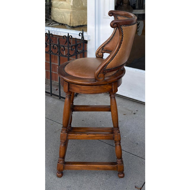 Spanish Pair of Alfonso Marina Ebanista Spanish Colonial Counter or Bar Stools For Sale - Image 3 of 10