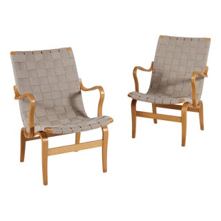 Vintage Eva Lounge Chairs in Beech with Webbing by Bruno Mathsson for Dux, 1970s, Set of 2 For Sale