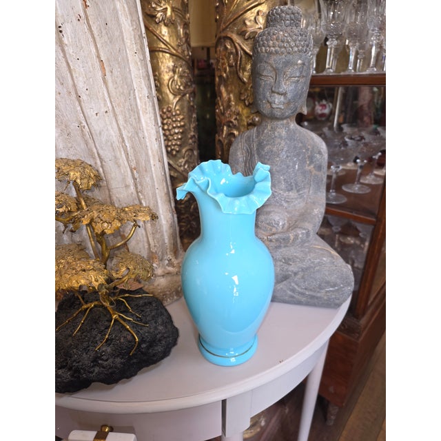 Glass Blue Bristol Opaline Glass Vase For Sale - Image 7 of 10