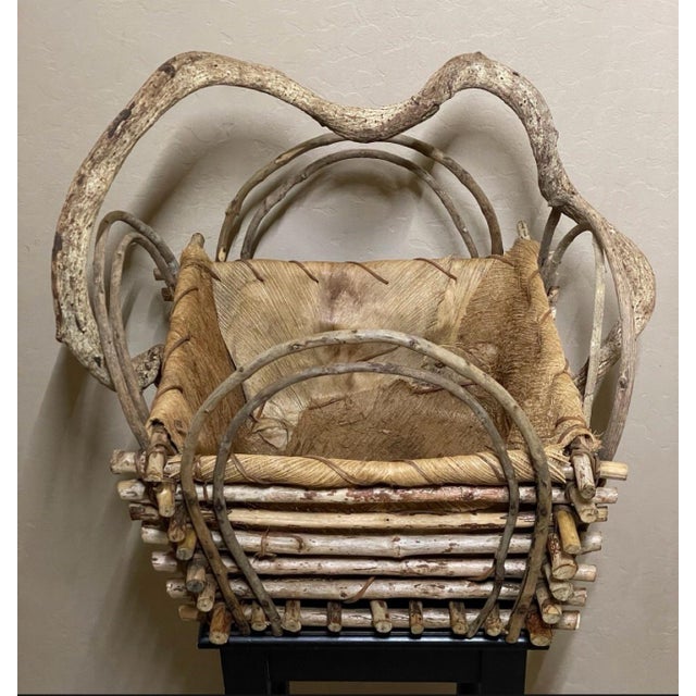 Handmade Woven Twig & Palm Husk Basket Freeform Branch Handle For Sale - Image 10 of 12