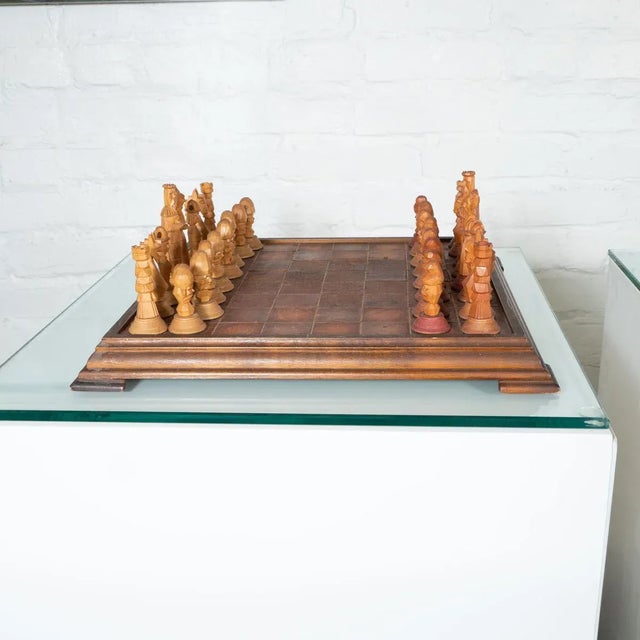 Mid-Century Modern Vintage Hand-Carved Wood and Leather Chess Set For Sale - Image 3 of 11