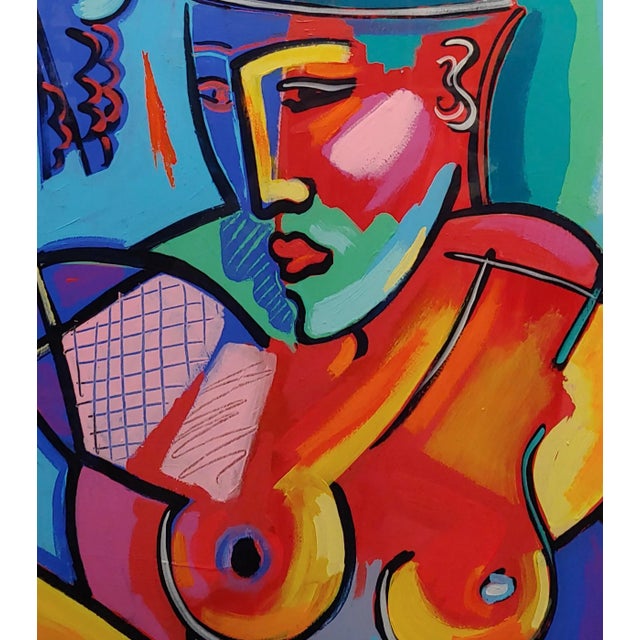 Abstract 1990s Vintage Cubist Seated Nude Female Oil Painting Amanda Watts For Sale - Image 3 of 7