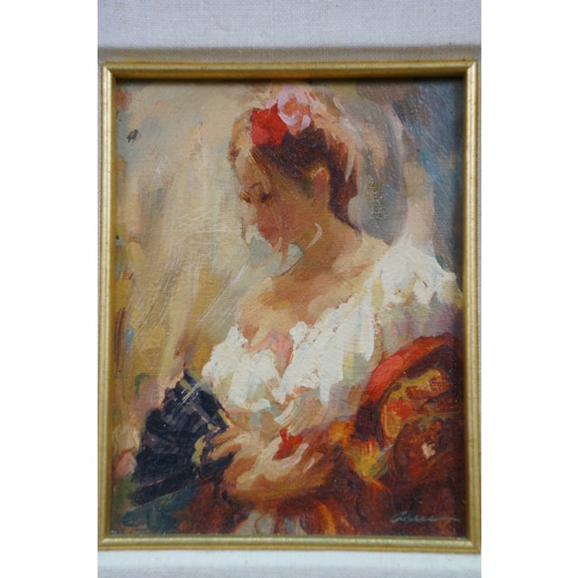 Late 20th Century Mark Arian Study XIX Spanish Flamenco Dancer W Fan Oil Painting on Board 20" For Sale - Image 4 of 11