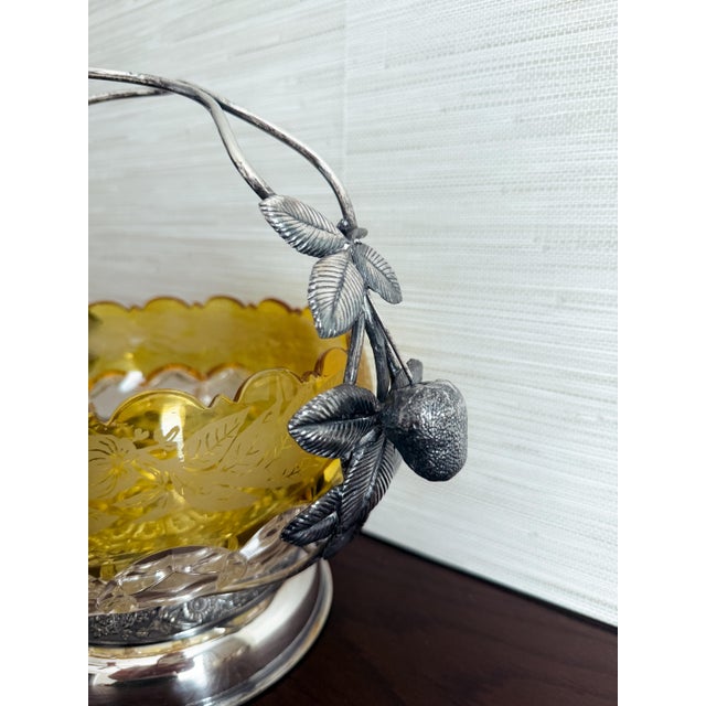Late 19th Century Antique Victorian Hobbs Amber Glass Bride's Basket in Silverplate Stand For Sale - Image 5 of 5