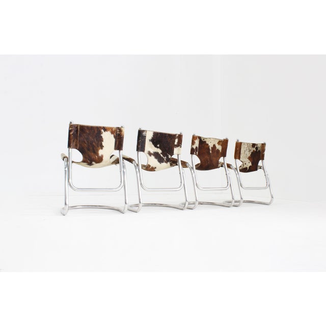 Vintage Dining Room Chairs in Chrome and Cowhide from Parravicini Fratelli, 1970s, Set of 4 For Sale - Image 3 of 10